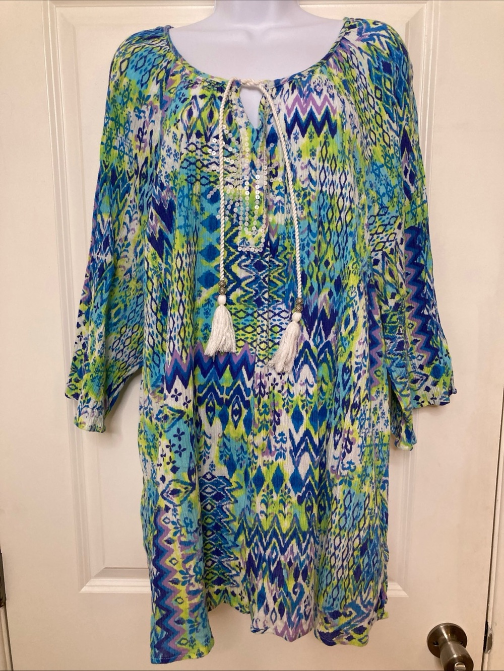 Catherines Tunic Top 3X  Blue Peasant Tassels Sequins Pullover Coastal Resort